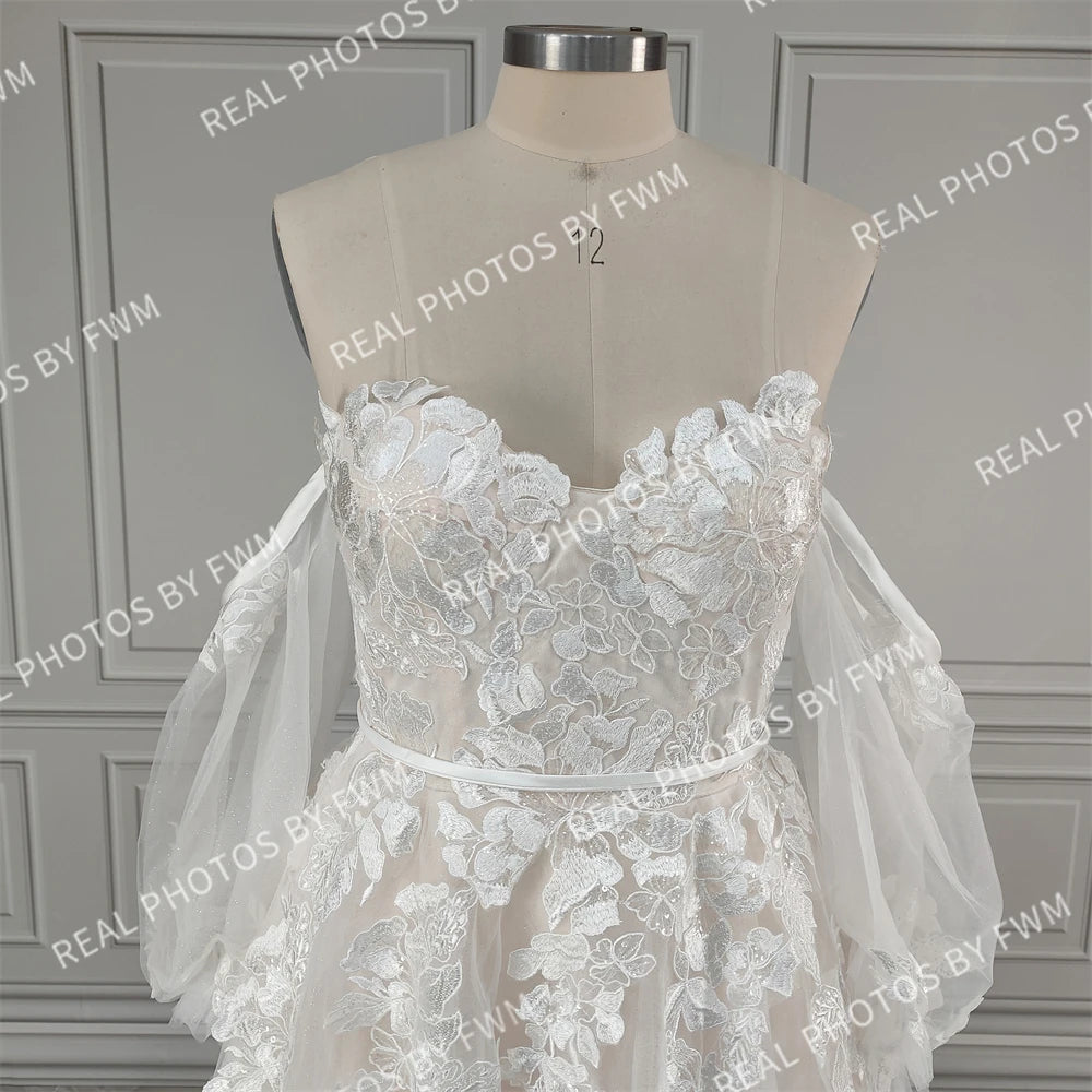 Real Photos Dream Off Shoulder Appliques Sequined Lace A-line Wedding Dress Glittery Tulle Sweep Train Bride Gown for Women