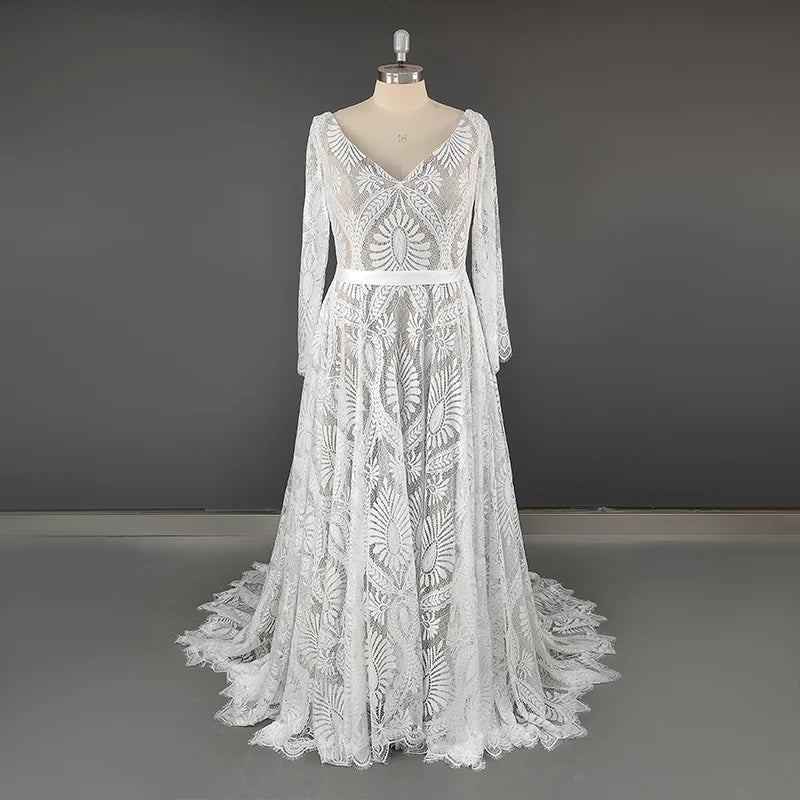 15148# Real Photos Long Sleeves Appliques Lace Wedding Dress Bohemia Spring V-neck Sweep Train Bridal Gown for Engagement
