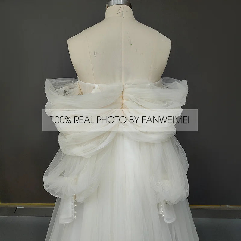 Real Photos Puffy Sleeves Sweetheart Backless A-Line Beading Lace Wedding Dress Sweep Train Tulle Bridal Gown for Wedding