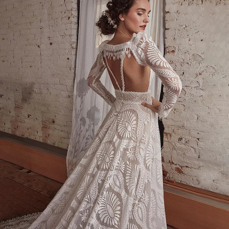 8259#Real Photos Spaghetti Strap Lace Bohemian Deep V-Neck Open Back Illusion Wedding Dress Wedding Bridal Gown