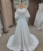 #3150  Real Photos Special Design Sweetheart Puff  Sleeve Lace-up Satin Soft Ivory Strapless Bridal Gown Wedding Dress