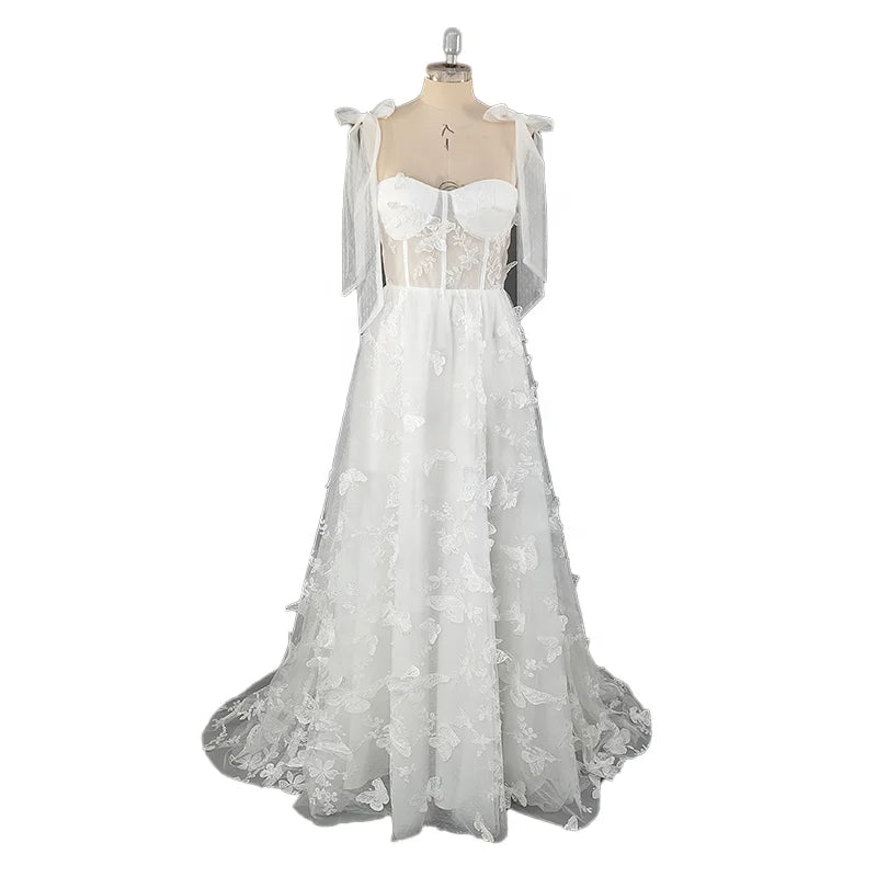 8754# Elegant Spaghetti Straps A-line Wedding Dress Bow Ribbons Butterfly Print Lace Causal Plus Size Womens Dresses Real Photos