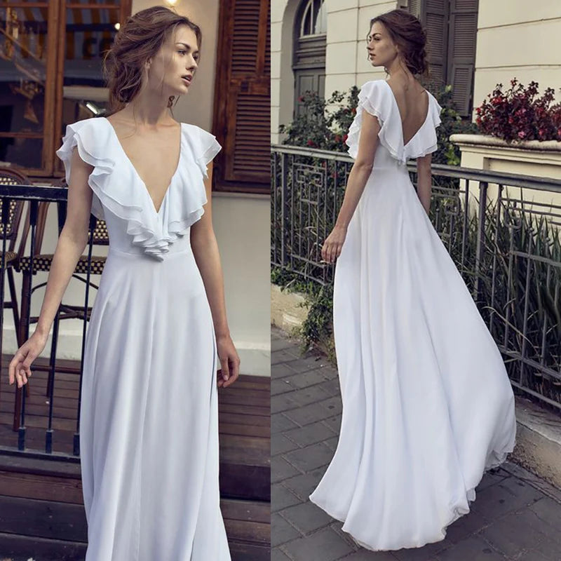 10370#Real Photos Sleeveless Ruffle V Neck Chiffon Beach Open Back Floor Length Simple Elegant Wedding Dress Wedding Bridal Gown