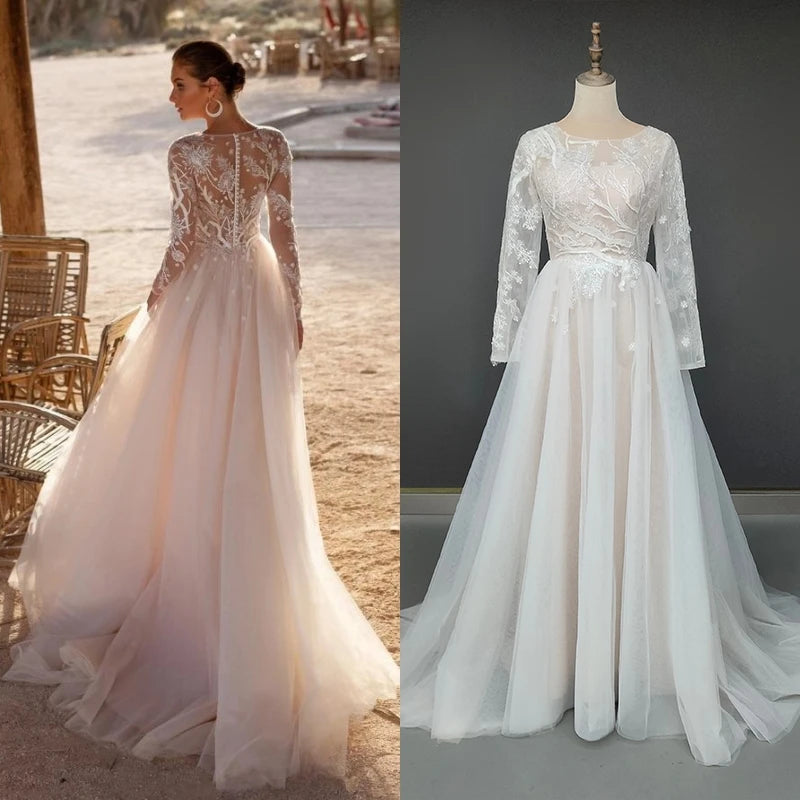 8983# Real Photos Simple O-neck Appliques Sequins Sweep Train A-line Wedding Dress Long Illusion Lace Sleeves Bridal Gown