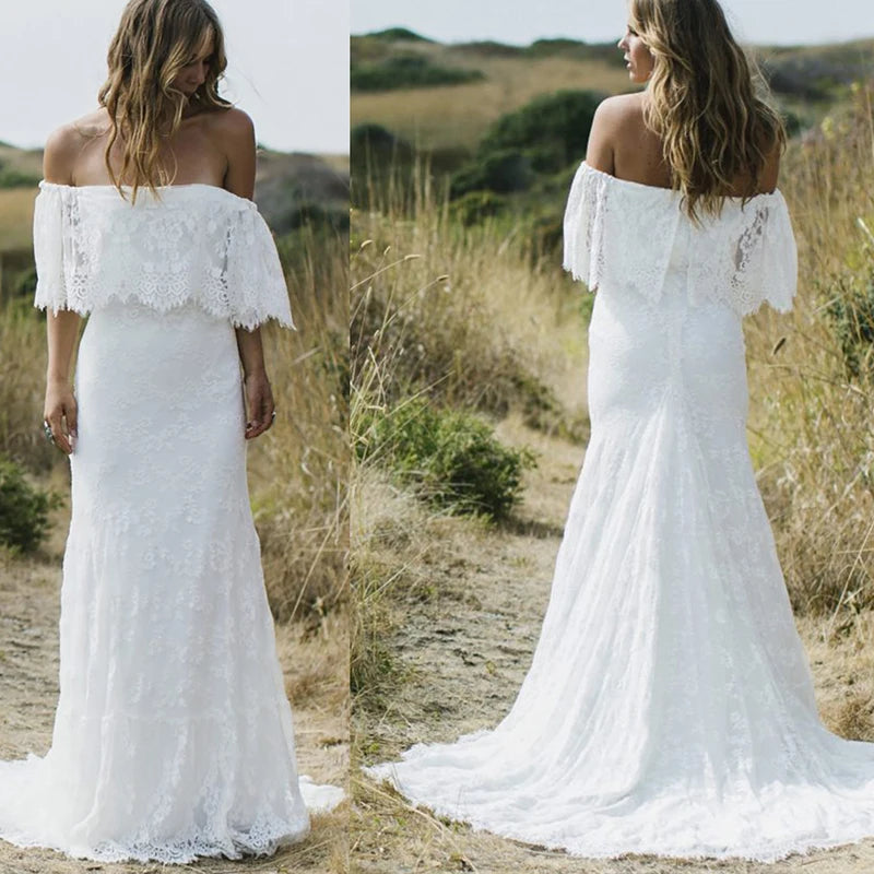 10560# Real Photos Simple Bohemia Low Back  Appliques Lace Sheath Wedding Dress Bridal Gown Party Evening Dress for Women
