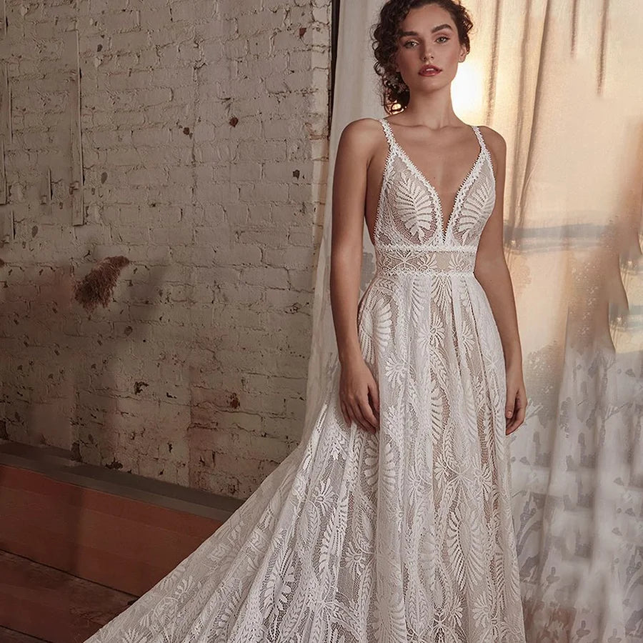 8259#Real Photos Spaghetti Strap Lace Bohemian Deep V-Neck Open Back Illusion Wedding Dress Wedding Bridal Gown