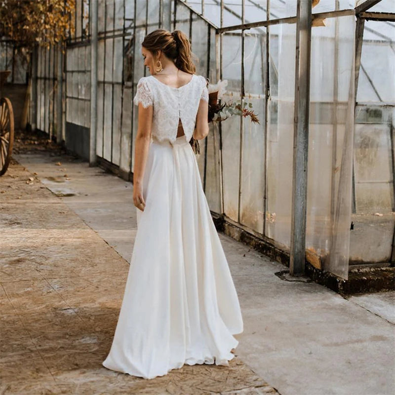 9399# Real Photos Two Pieces Wedding Dresses Lace Top Short Sleeve Bridal Gown Jewel Neck Beach Wedding Gown Vestidos De Novia