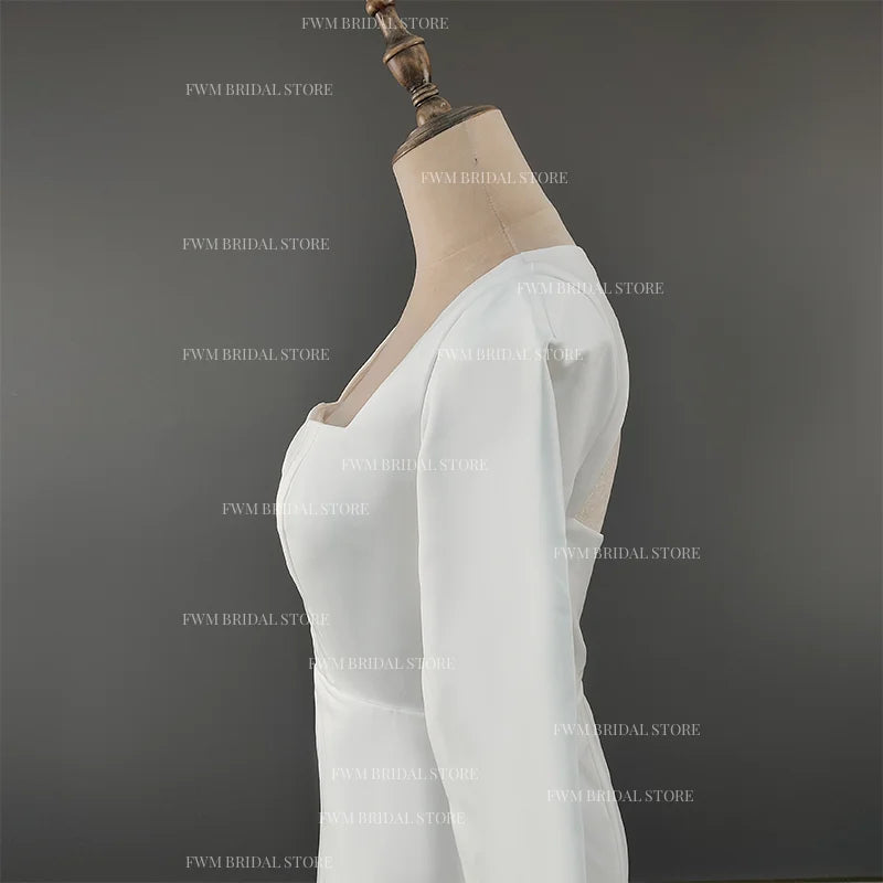 Real Photos Elegant Long Sleeves Square Collar Soft Satin Wedding Gown Engagement Dress for Plus Size Women Prom Evening Dresses