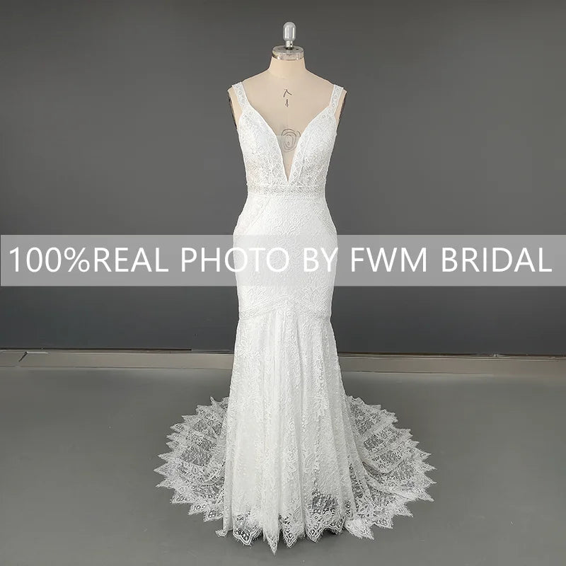 12590# Real Photos V Neck Backless Mermaid Wedding Dress Sleeveless Boho Romatics Lace Bridal Gown for Beach Lawn Wedding