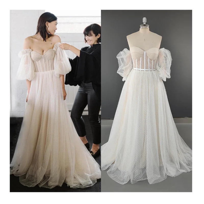 12113# Real Photos Sweep Train Puffy Sleeves Strapless A-line Wedding Dress Elegant Illusion Polka Dots Lace Bridal Gown