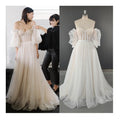 12113# Real Photos Sweep Train Puffy Sleeves Strapless A-line Wedding Dress Elegant Illusion Polka Dots Lace Bridal Gown