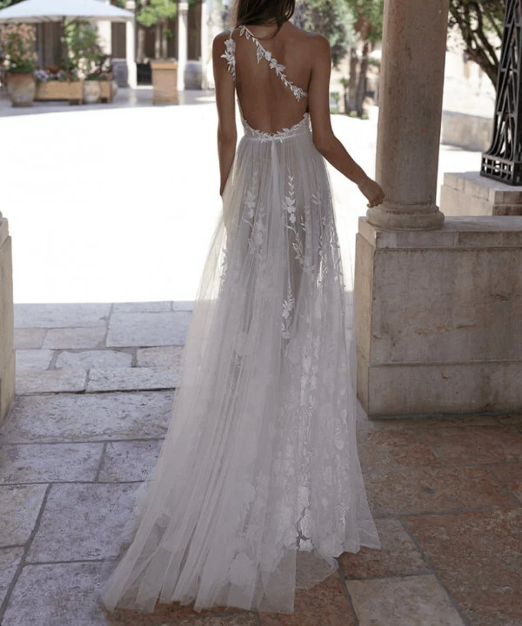 11809# One Shoulder Sleeveless Tulle Lace Applique Sexy Back A-Line Bohemian Sweep Train Wedding Dress Bridal Gown Real Photos