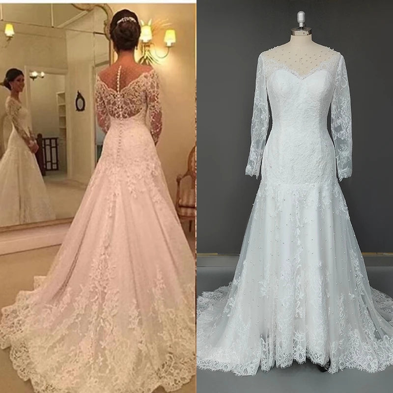 11470#  Real Photos Simple Appliques Lace Pearls Long Sleeves Mermaid Wedding Dress for Engagement Bridal Gown Evening Dress