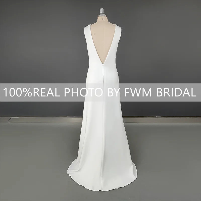 8763#Real Photos Simple Boat Neck Soft Satin Wedding Dress for Engagement Backless Sweep Train Bridal Gown Evening Dress