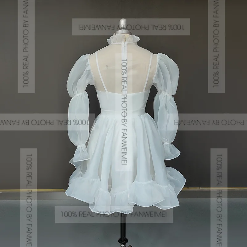 8292# New Real Photo Puff Sleeves Ruffle Organza Neck Chiffon Beach Illusion Lace Above Knee Length Wedding Dress Mini Ball Gown