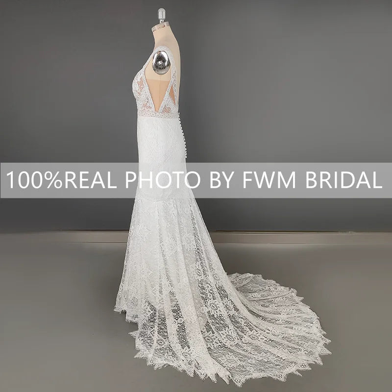 12590# Real Photos V Neck Backless Mermaid Wedding Dress Sleeveless Boho Romatics Lace Bridal Gown for Beach Lawn Wedding