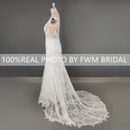 12590# Real Photos V Neck Backless Mermaid Wedding Dress Sleeveless Boho Romatics Lace Bridal Gown for Beach Lawn Wedding