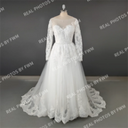 Real Photos Exuquisite Long Sleeve  Sweep Train A-line Appliques Lace Wedding Dress With Sequined Bridal Gown for Wedding Dress