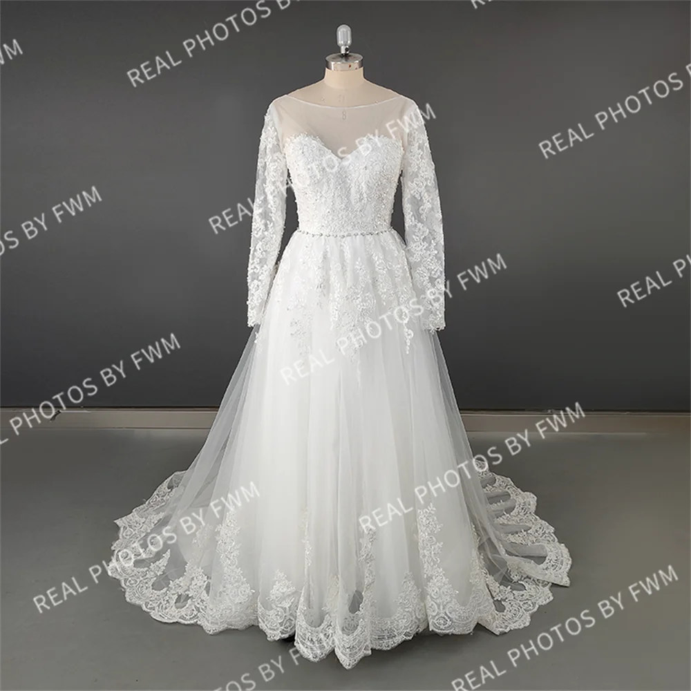 Real Photos Exuquisite Long Sleeve  Sweep Train A-line Appliques Lace Wedding Dress With Sequined Bridal Gown for Wedding Dress