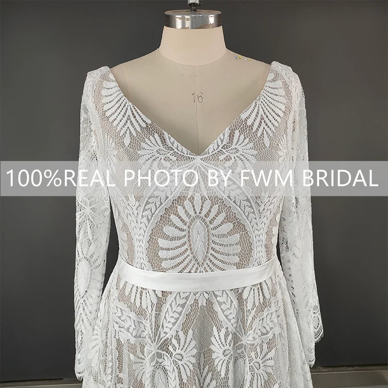 15148# Real Photos Long Sleeves Appliques Lace Wedding Dress Bohemia Spring V-neck Sweep Train Bridal Gown for Engagement