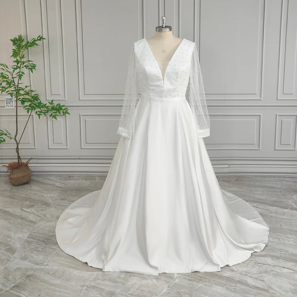 Real Photos High Quality Long Pearls Tulle A-line Wedding Dress for Bride Elegant Backless Satin Bridal Gown With Pockets