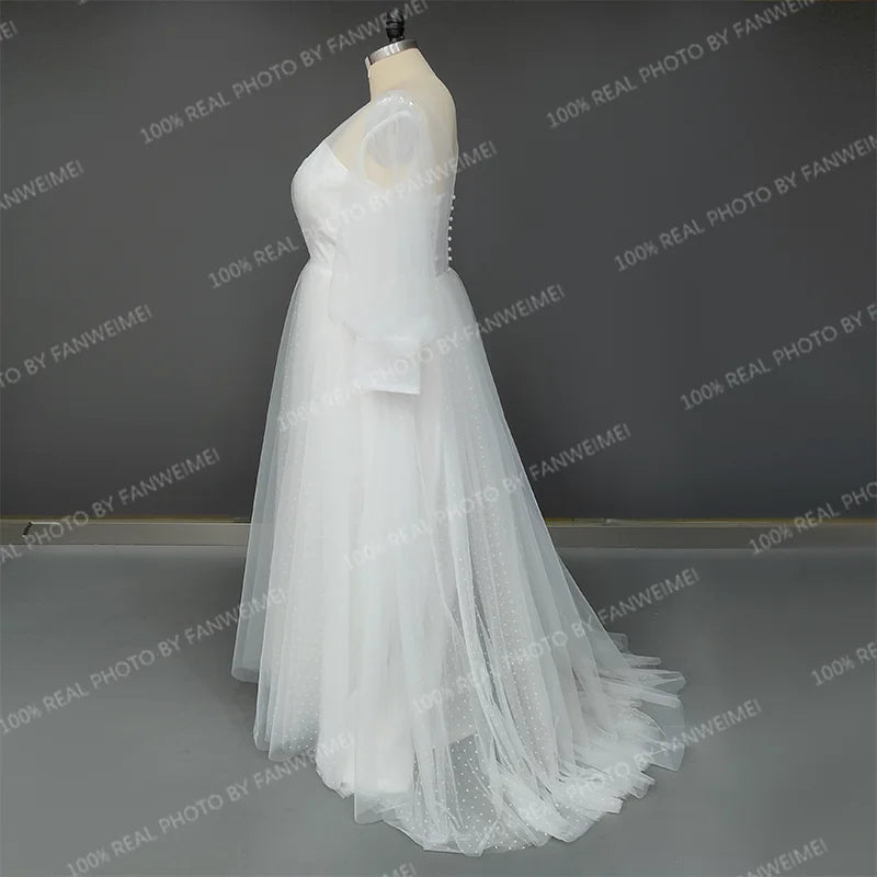 12551# Real Photos Puffy Sleeves Lace A-line Wedding Dress for Plus Size Women Sweep Train Backless Bridal Gown Dress