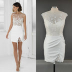 15189# Real Photos Illusion Appliques Lace Backless Mini Wedding Gown Birthday Party Dress for Women Prom Evening Dress