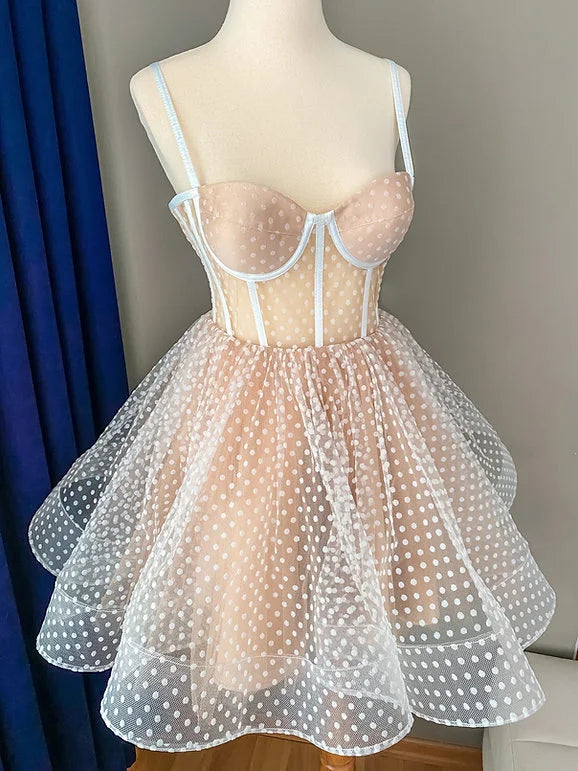 15311#Real Photos High Quality Spaghetti Straps Polka Dots Tulle Mini A-line Evening Party Dresses Homecoming Gown for Women