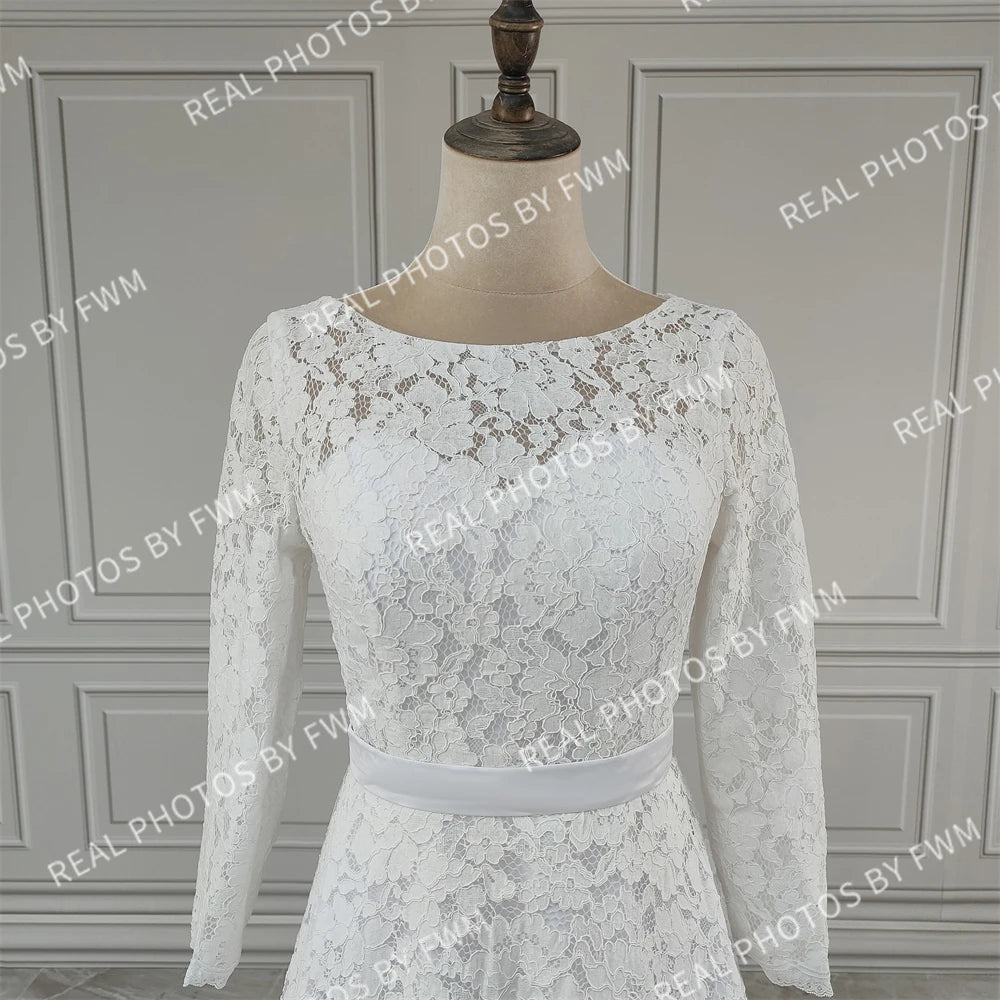 Real Photos High Quality Corset Back O-Neck Lace Long Sleeve A-Line Appliques Lace Wedding Dress for Women Bridal Gown
