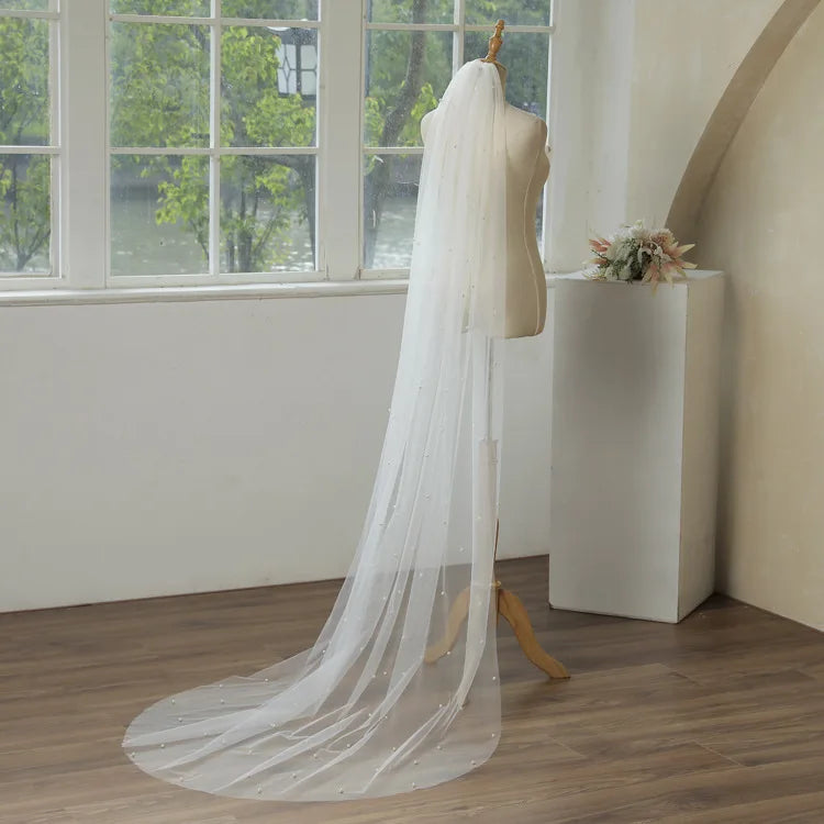 Real Photos Vintage One Layer Pearls Tulle 2M Bridal Veil Wedding Accessories Wedding Veils