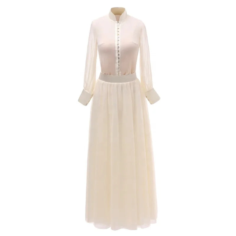 1029# Real Pictures Two Piece Long Sleeve Beige Tulle Chiffon Floor Length Shirt Collar Wedding Dress Bridal Gown WIth Button
