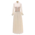 1029# Real Pictures Two Piece Long Sleeve Beige Tulle Chiffon Floor Length Shirt Collar Wedding Dress Bridal Gown WIth Button