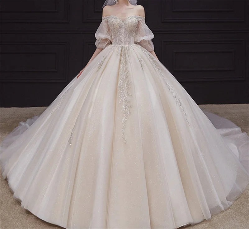 4300# Real Photos Off-Shoulder Elegant Sweetheart 3/4 Long Sleeve Lace Bridal Gowns Plus Size Wedding Gown Wedding Dress