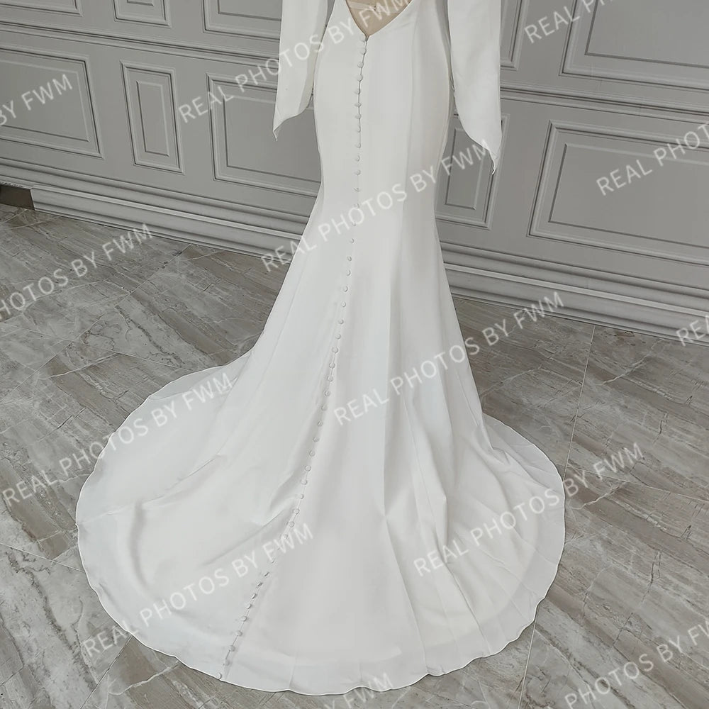 12074# Real Photos Long Sleeves Backless Soft Satin Mermaid Wedding Dress Bridal Gown for Women With Sweep Train