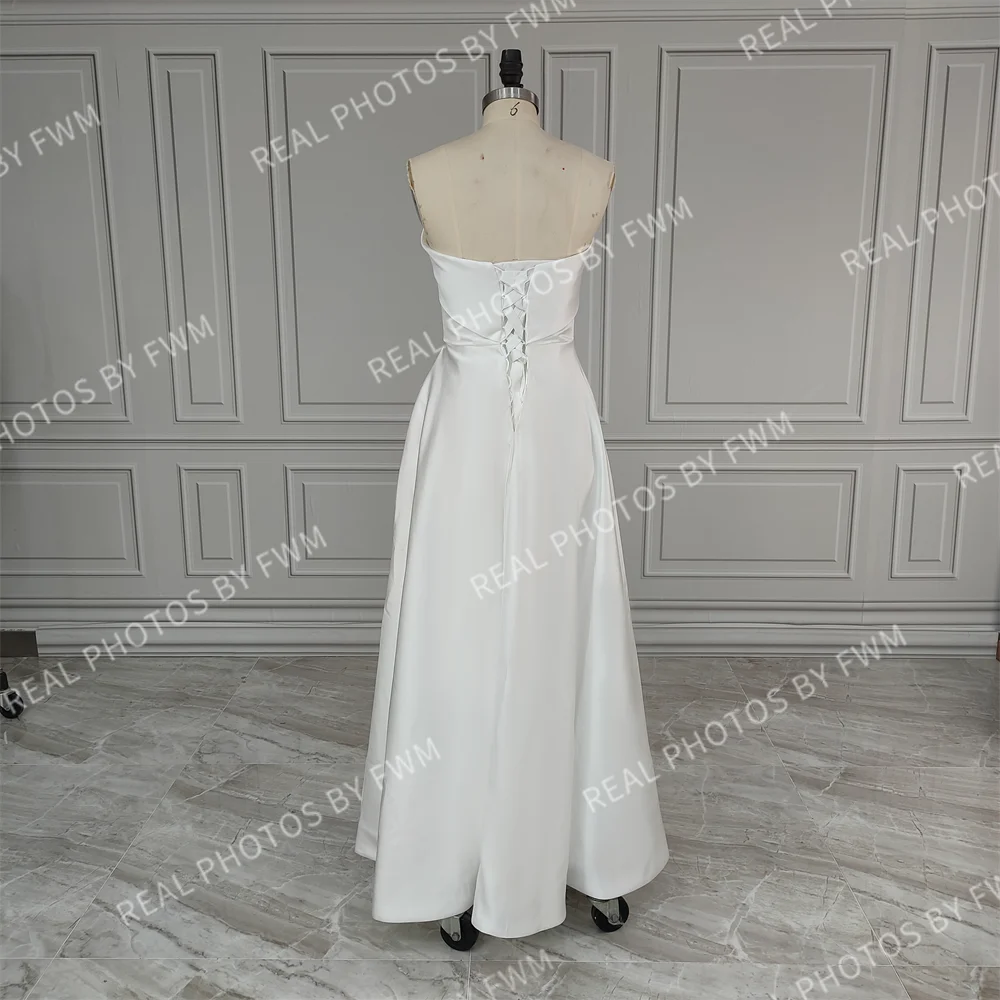 100% Real Photos Simple Sleeveless Strapless Satin Long Train A-line Wedding Dress Bridal Evening Prom Dress for Plus Size Women