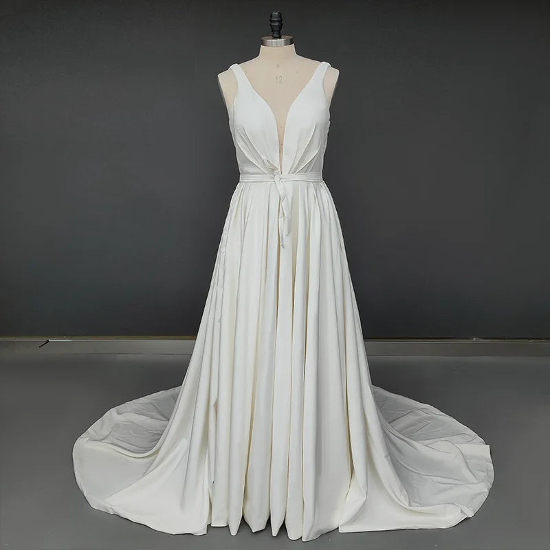 Real Photos Elegant Sleeveless V Neck Wedding Dress for Plus Size Women Simple Sweep Train Satin Bride Gown for Wedding