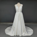 Real Photos Elegant Sleeveless V Neck Wedding Dress for Plus Size Women Simple Sweep Train Satin Bride Gown for Wedding