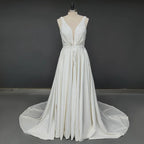 Real Photos Elegant Sleeveless V Neck Wedding Dress for Plus Size Women Simple Sweep Train Satin Bride Gown for Wedding