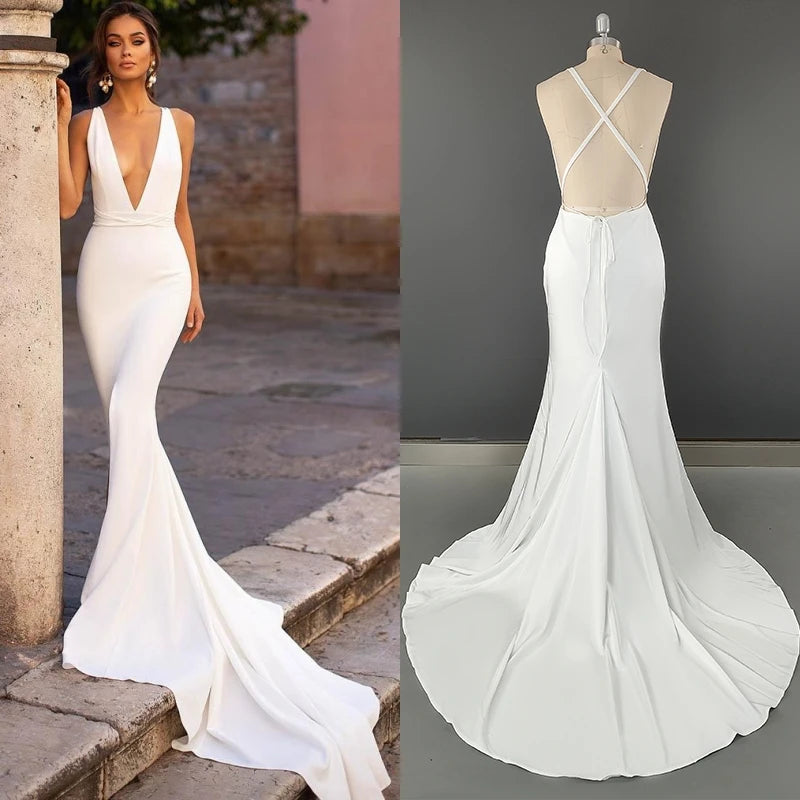 11560#Real Photo Elegant Open Back Deep V-Neck Soft Satin Sweep Train Sleeveless Sheath Wedding Dress Wedding Gown Bridal Gown