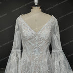 Real Photos Boho Flare Bell Sleeve Appliques Lace Wedding Dress V-Neck Backless Sweep Train Woman Bridal Gown for Wedding