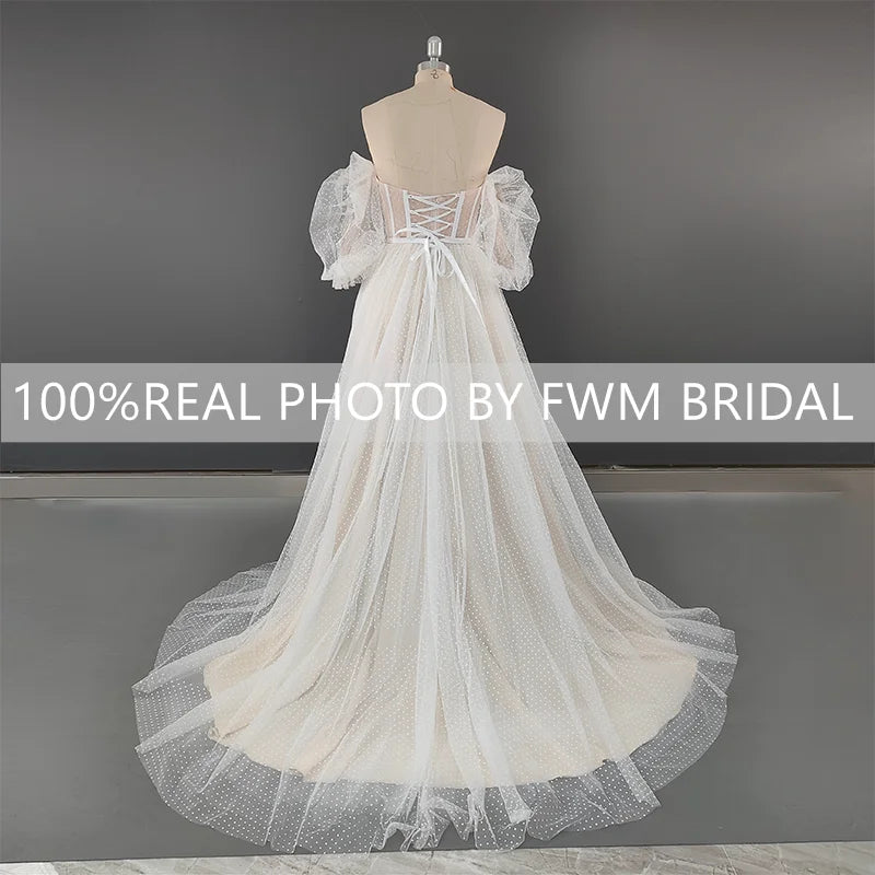 12113# Real Photos Sweep Train Puffy Sleeves Strapless A-line Wedding Dress Elegant Illusion Polka Dots Lace Bridal Gown
