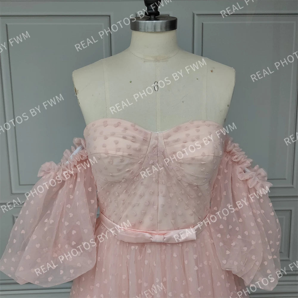 15210# Real Photos Puffy Short Sleeves Pink Hearts Pattern Tulle A-line Evening Dress Party Prom Gown With Belt for Women