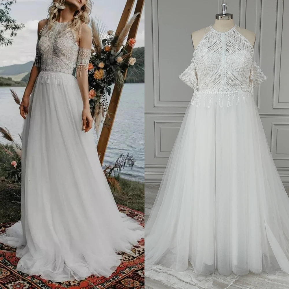10743# Real Photos Boho Detachable Sleeves Appliques Lace Tassels A-line Wedding Dress Illusion Back Tulle Bride Gown for Women