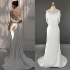 15368# Real Photos Simple Spaghetti Straps Backless Appliques Satin Mermaid Wedding Dress Bridal Gown Evening Dress for Women