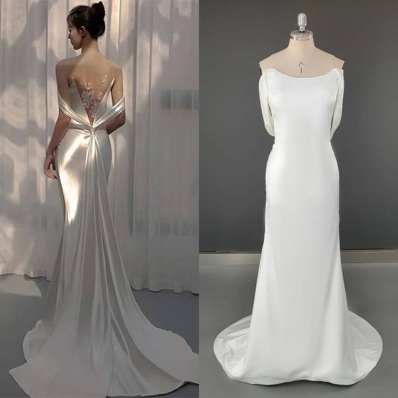 15368# Real Photos Simple Spaghetti Straps Backless Appliques Satin Mermaid Wedding Dress Bridal Gown Evening Dress for Women