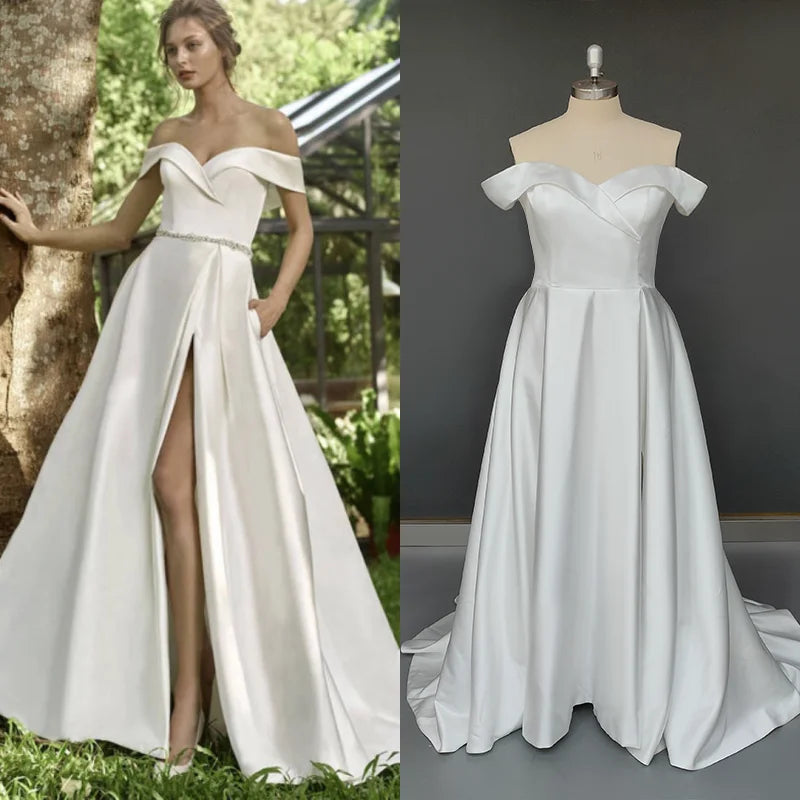 15229# Real Photos Simple Soft Satin A-line Split Front Wedding Dress for Engagement Bridal Gown Evening Dress Wedding Dress