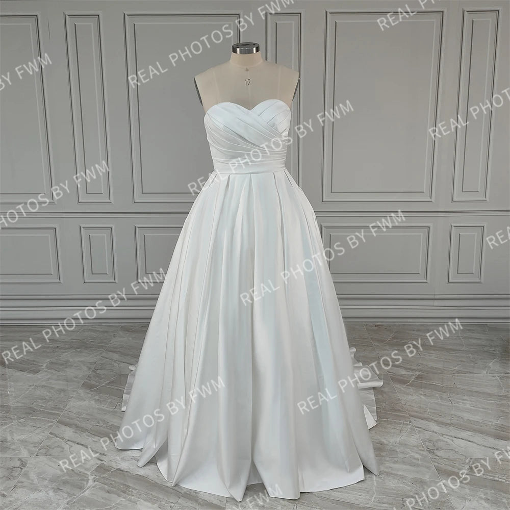 11507# Real Photos Simple Boho Strapless Pleat Satin A-line Wedding Dress for Women Sweep Train Bride Gown Vestido De Novia
