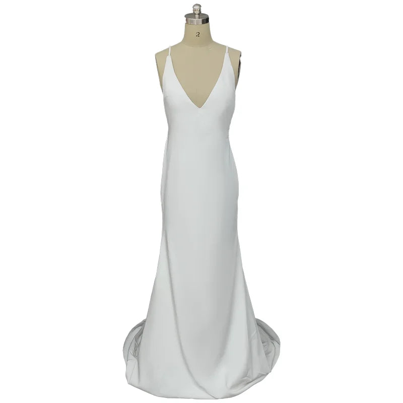 11606# New V-Neck Bohemian Sweep Train Soft Satin Wedding Dress Open Back Mermaid Sleeveless Criss-Cross Bridal Gown Real Photos