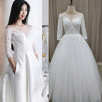 #3143 Real Photos  Special Design 3/4 Long  Sleeve Lace Ivory Lace-up O-Neck Floor Length Bridal Gown Wedding Dress