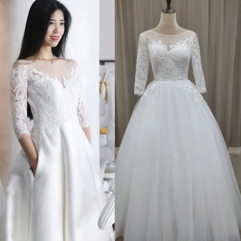 #3143 Real Photos  Special Design 3/4 Long  Sleeve Lace Ivory Lace-up O-Neck Floor Length Bridal Gown Wedding Dress